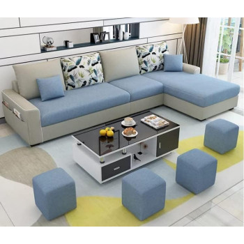 Simple Combination Removable And Washable Three-Person Small Apartment Sofa Modern Sectional Sofa, Blue & Grey