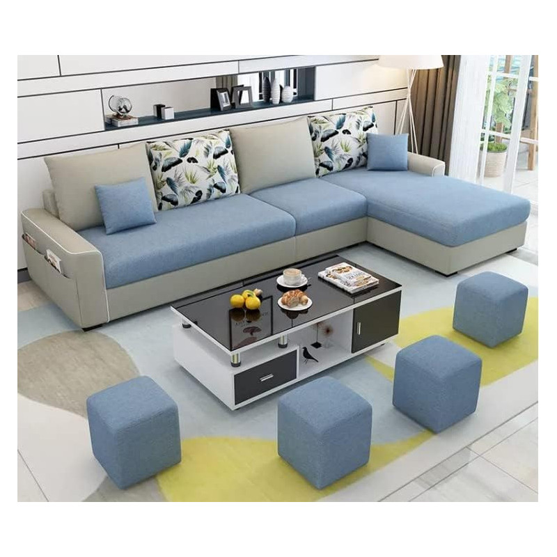 Simple Combination Removable And Washable Three-Person Small Apartment Sofa Modern Sectional Sofa, Blue & Grey