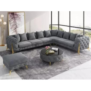 Luxury Traditional Velvet L Shape Chesterfield Sofa Set, Living Room Furniture With Golden Legs, Grey
