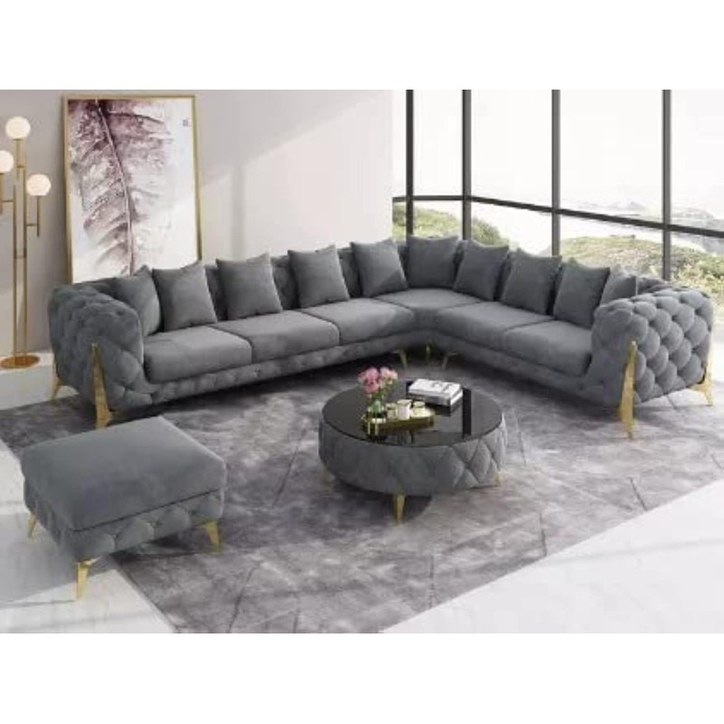 Luxury Traditional Velvet L Shape Chesterfield Sofa Set, Living Room Furniture With Golden Legs, Grey