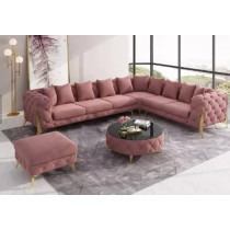 Luxury Traditional Velvet L Shape Chesterfield Sofa Set, Living Room Furniture With Golden Legs, Pink