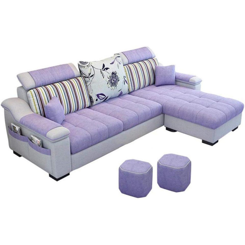 GST&GST L Shape Sofa 3 Seat Linen Living Room Sofa Set Home Furniture Modern Design Frame Soft Sponge Shape Home Furniture(Foot Ped + 2 Cloth Stool), A