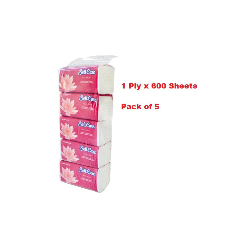 Softcare Facial Tissue (Nylon Pack) 600 Sheetx1Ply per Pack, 5 Pieces