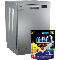 Beko 6 Programmes Dishwasher Silver with Finish Powerball Ultimate All in One Dishwasher Tablets, Lemon Sparkle, 48 Tabs