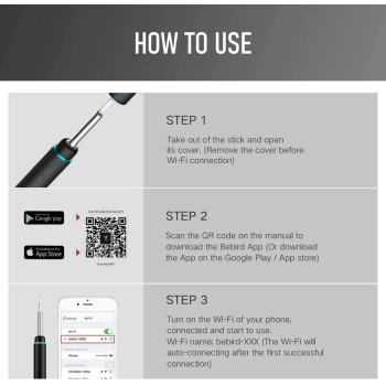 Bebird M9 Pro Smart Visual Ear Cleaning Stick With 3 Mega Pixels Endoscope Hd Camera, 350Mah Long Battery, Ip65 Waterproof - Black