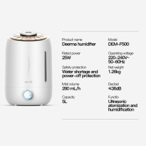 Deerma F500 Ultrasonic Humidifier 5L Manual Air Purifier Rotatable Mist Nozzle Quiet Operation With Activated Carbon Filter - White