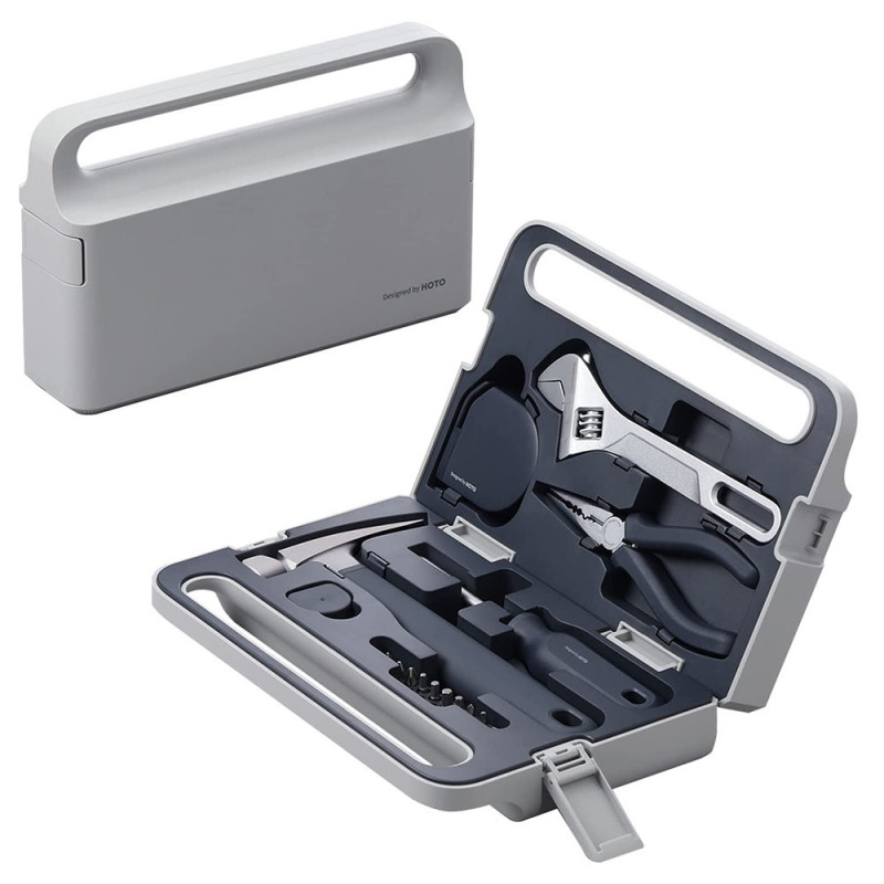 Hoto 5 Pieces Tool Set With Multipurpose Manual Screwdriver Magnetic Claw Hammer Self Lock Measure Tape Needlenose Plier Adjustable Spanner 10 Pieces Alloy Bits Set - Silver
