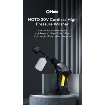 Hoto 20V Cordless High Pressure Washer 6-in-1 For Car Washer 2.4Mpa, 24bar, 350psi High Washing Power 5C 2000mAh Removable Battery 200W- Black