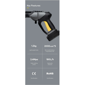 Hoto 20V Cordless High Pressure Washer 6-in-1 For Car Washer 2.4Mpa, 24bar, 350psi High Washing Power 5C 2000mAh Removable Battery 200W- Black