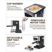 Icuire Cm3000 Espresso Coffee Machine With Milk Frother 1.5L Removable Water Tank 20 Bar Pump Pressure Coffee Maker - Black/Silver