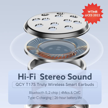 Qcy T17S Hifi Stereo Touch Control Low Latency True Wireless In-Ear Earbuds With Quad Microphone Noise Cancelling Ios/Android - Light Grey