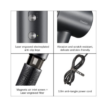 Showsee A18-Gy 1600W Negative Ion Hair Dryer With Ionizer, Volumizing, Frizz-Reducing Technology, Heat Protection, Moisturizing - Grey