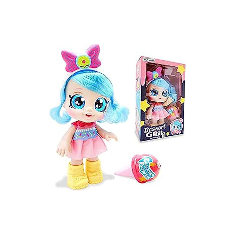 FITTO pretty stylish modern American girl doll with yellow boots, large blue eyes, blue hair with a battery, a singing doll toy with ice cream blind box surprise 12-inch toy for girls