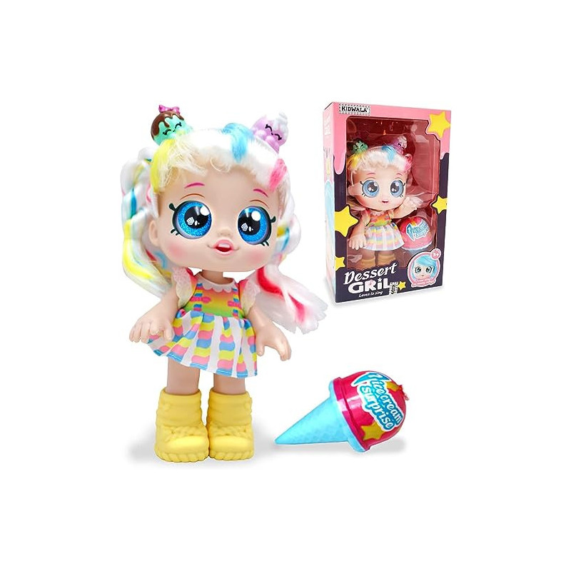 FITTO pretty stylish modern American girl doll with yellow boots, large blue eyes, unicorn-colored hair with a battery, a singing doll toy ice cream blind box surprise 12-inch toy for girls