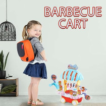 FITTO BBQ music trolley food truck for kids with rotating wheels red base & blue Umbrella roof truck, pretend play toys for girls educational food truck with Music & Lighting toy for boys & girls