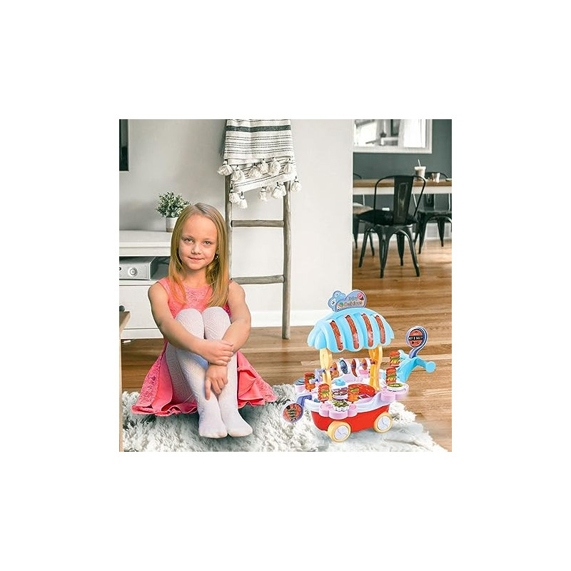 FITTO BBQ music trolley food truck for kids with rotating wheels red base & blue Umbrella roof truck, pretend play toys for girls educational food truck with Music & Lighting toy for boys & girls