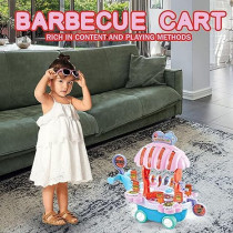FITTO Food Truck for Kids, Barbecue Toy Cart Play Set for Kids, Pretend Play Toys for Girls, Educational Barbecue Trolley Truck with Music & Lighting Toys for Kids, Red