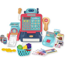 FITTO supermarket cash register for kids, Supermarket Pretend Play with Shopping Basket, Toy Cash Money with Working Calculator, microphone, credit card for Boy Girls aged 3+, Blue and Red