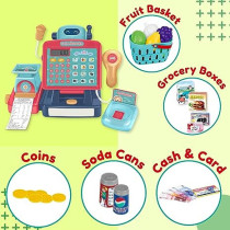 FITTO supermarket cash register for kids, Supermarket Pretend Play with Shopping Basket, Toy Cash Money with Working Calculator, microphone, credit card for Boy Girls aged 3+, Blue and Red