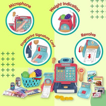 FITTO supermarket cash register for kids, Supermarket Pretend Play with Shopping Basket, Toy Cash Money with Working Calculator, microphone, credit card for Boy Girls aged 3+, Blue and Red