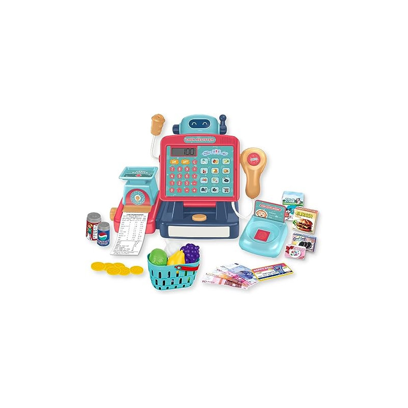 FITTO supermarket cash register for kids, Supermarket Pretend Play with Shopping Basket, Toy Cash Money with Working Calculator, microphone, credit card for Boy Girls aged 3+, Blue and Red
