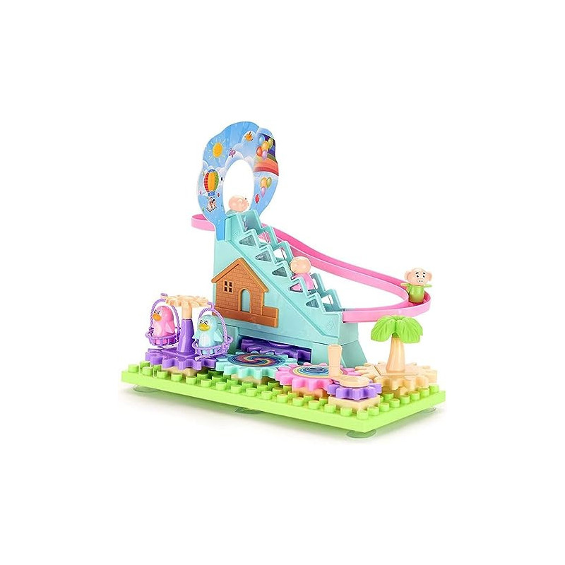 Fitto Stem Penguin Crank Ladder Roller Coaster Blue, Pink, Brown & Green Toy, with Swing Tree & Pink Slide Small Figure Toy Manual Rocker Arm Toy Wheels Toy For Boys & Girls