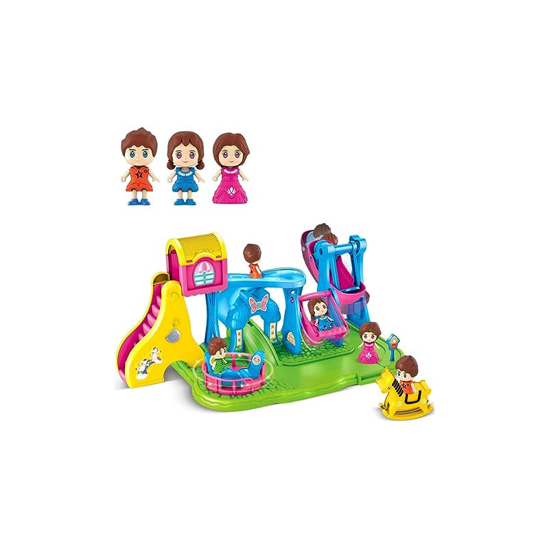 Fitto Playground Station Playset, Stimulates Imagination Creativity Teamplay, with 3 Dolls, Swings, Slides, Multicolour Toys Set