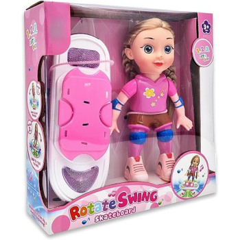 Fitto Magical Cute Pink Doll with Skating Board, Dancing Toy with Light and Music