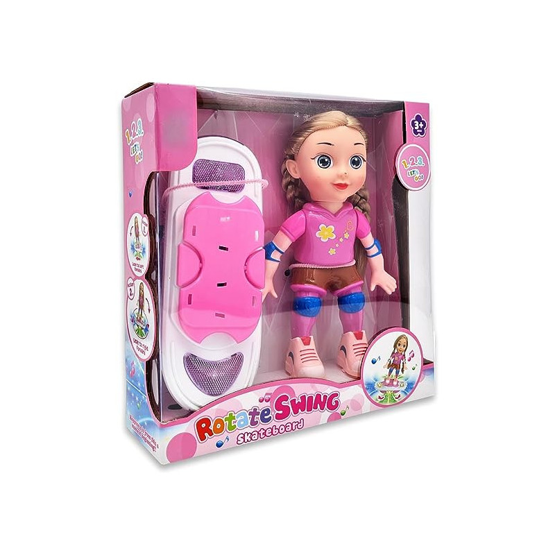 Fitto Magical Cute Pink Doll with Skating Board, Dancing Toy with Light and Music
