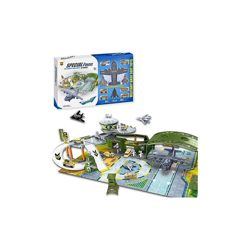 Fitto Military Base Action Figures Play Set with Large Bomber, 3 Jet Fighters, 5 Military Cars and Tanks and Helicopter