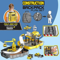Fitto Construction Portable Backpack Playset with Crane, Slide, Elevator, and 2 Toy Construction Vehicles
