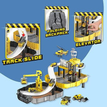 Fitto Construction Portable Backpack Playset with Crane, Slide, Elevator, and 2 Toy Construction Vehicles