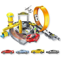 Fitto Adventure Rollo Coaster Playset with Car Crane, Stunt Loop, 4 Die Cast Cars, and Car Service Station