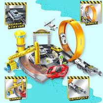 Fitto Adventure Rollo Coaster Playset with Car Crane, Stunt Loop, 4 Die Cast Cars, and Car Service Station