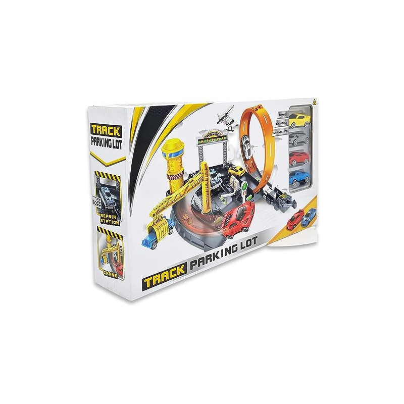 Fitto Adventure Rollo Coaster Playset with Car Crane, Stunt Loop, 4 Die Cast Cars, and Car Service Station