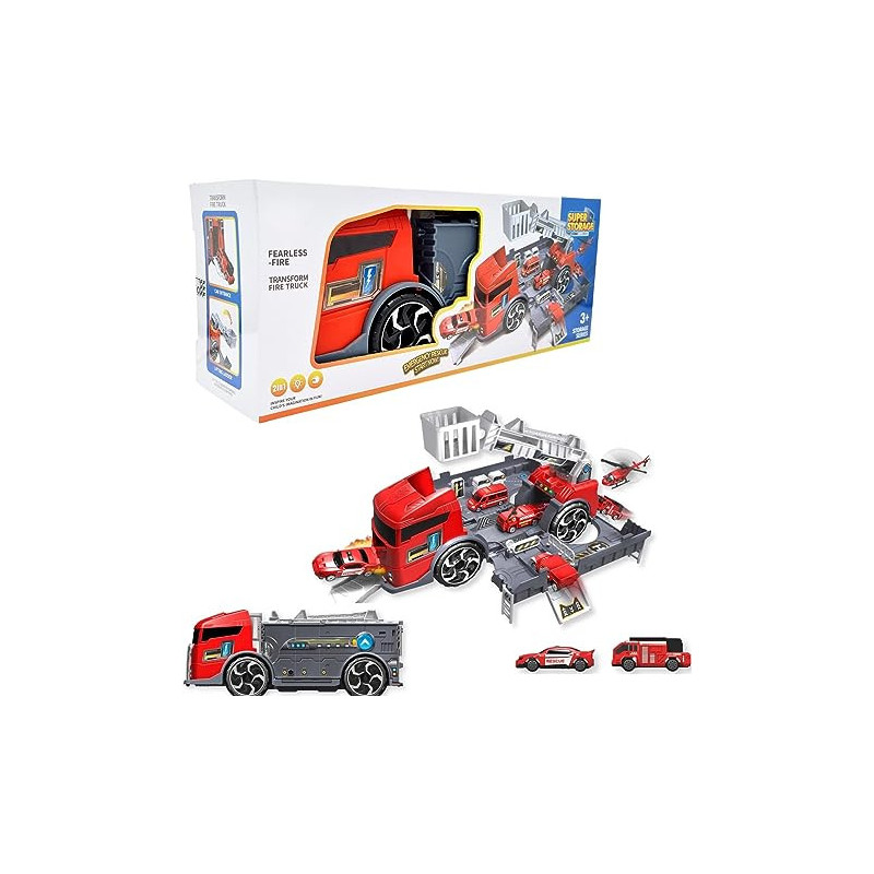 Fitto 2 In 1 Large Firefighter Truck and Fire Station and 2 Die Cast Cars