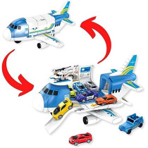 Fitto 2 In 1 Toy Airplane Playset and Car Garage Playset with Cars Slide, Sound, Light, and Die Cast Cars