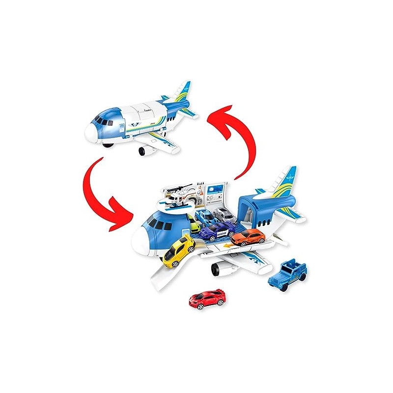 Fitto 2 In 1 Toy Airplane Playset and Car Garage Playset with Cars Slide, Sound, Light, and Die Cast Cars