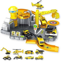 Fitto Construction Site Playset with Slides, Lift, Service Station, and Excavator, Dump Truck, Bulldozer, and More Construction Vehicles