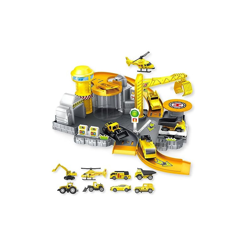 Fitto Construction Site Playset with Slides, Lift, Service Station, and Excavator, Dump Truck, Bulldozer, and More Construction Vehicles
