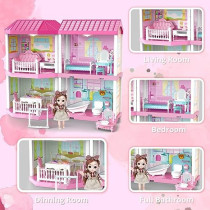Fitto 4 Rooms Cute 2 Floors Dollhouse Playset, Girls Doll House with Doll, Furniture, and Accessories, Pink
