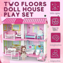 Fitto 4 Rooms Cute 2 Floors Dollhouse Playset, Girls Doll House with Doll, Furniture, and Accessories, Pink