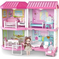 Fitto 4 Rooms Cute 2 Floors Dollhouse Playset, Girls Doll House with Doll, Furniture, and Accessories, Pink
