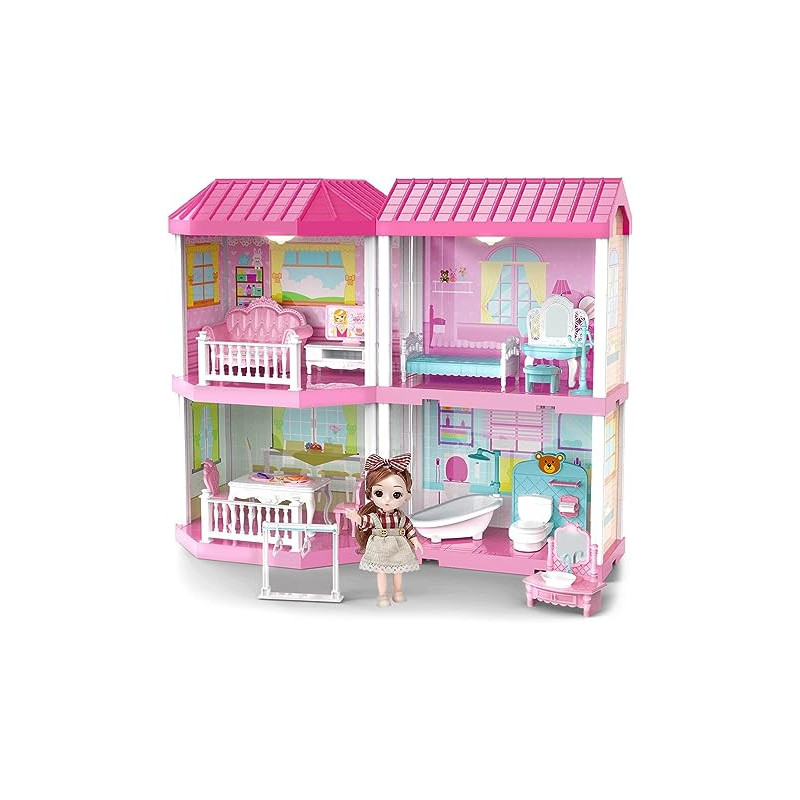 Fitto 4 Rooms Cute 2 Floors Dollhouse Playset, Girls Doll House with Doll, Furniture, and Accessories, Pink