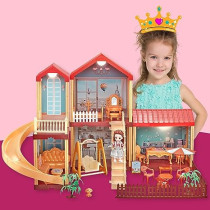Fitto 4 Rooms Large 2 Floors Dollhouse Playset, Girls Doll House with Doll, Slide, Stairs, Furniture, and Accessories, Red