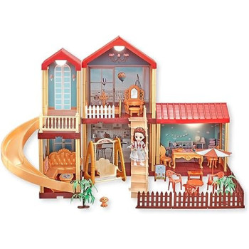 Fitto 4 Rooms Large 2 Floors Dollhouse Playset, Girls Doll House with Doll, Slide, Stairs, Furniture, and Accessories, Red