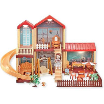 Fitto 4 Rooms Large 2 Floors Dollhouse Playset, Girls Doll House with Doll, Slide, Stairs, Furniture, and Accessories, Red