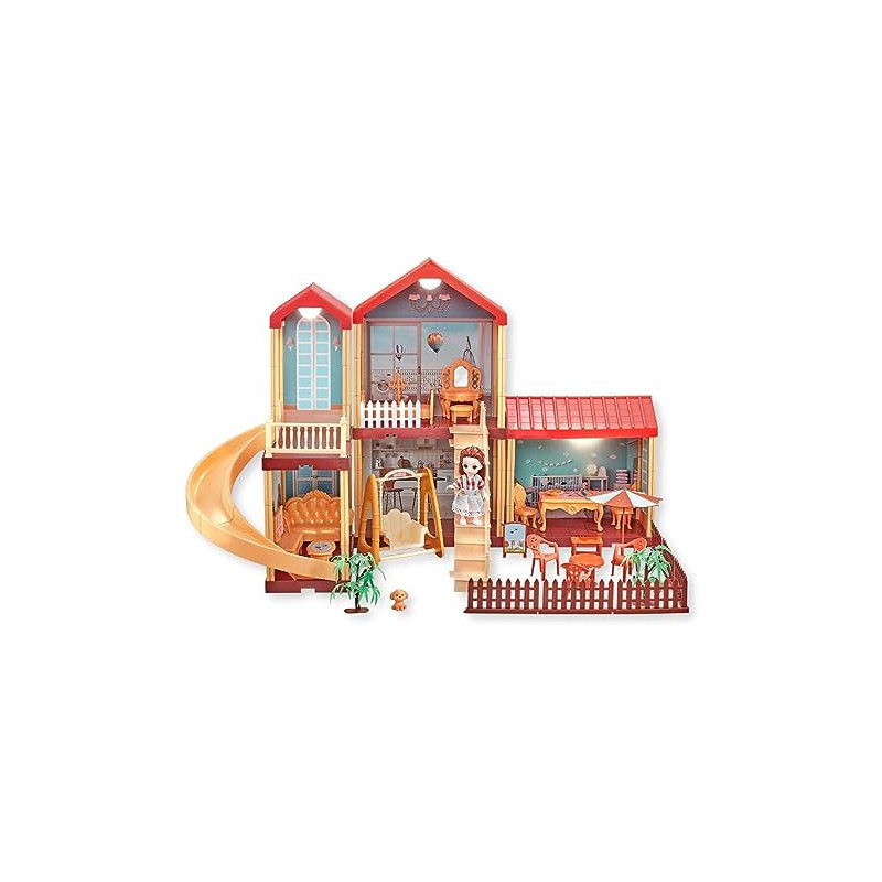 Fitto 4 Rooms Large 2 Floors Dollhouse Playset, Girls Doll House with Doll, Slide, Stairs, Furniture, and Accessories, Red