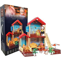 Fitto 3 Rooms Large 2 Floors Dollhouse Playset, Girls Doll House with Doll, Stairs, Furniture, and Accessories, Red