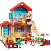 Fitto 3 Rooms Large 2 Floors Dollhouse Playset, Girls Doll House with Doll, Stairs, Furniture, and Accessories, Red